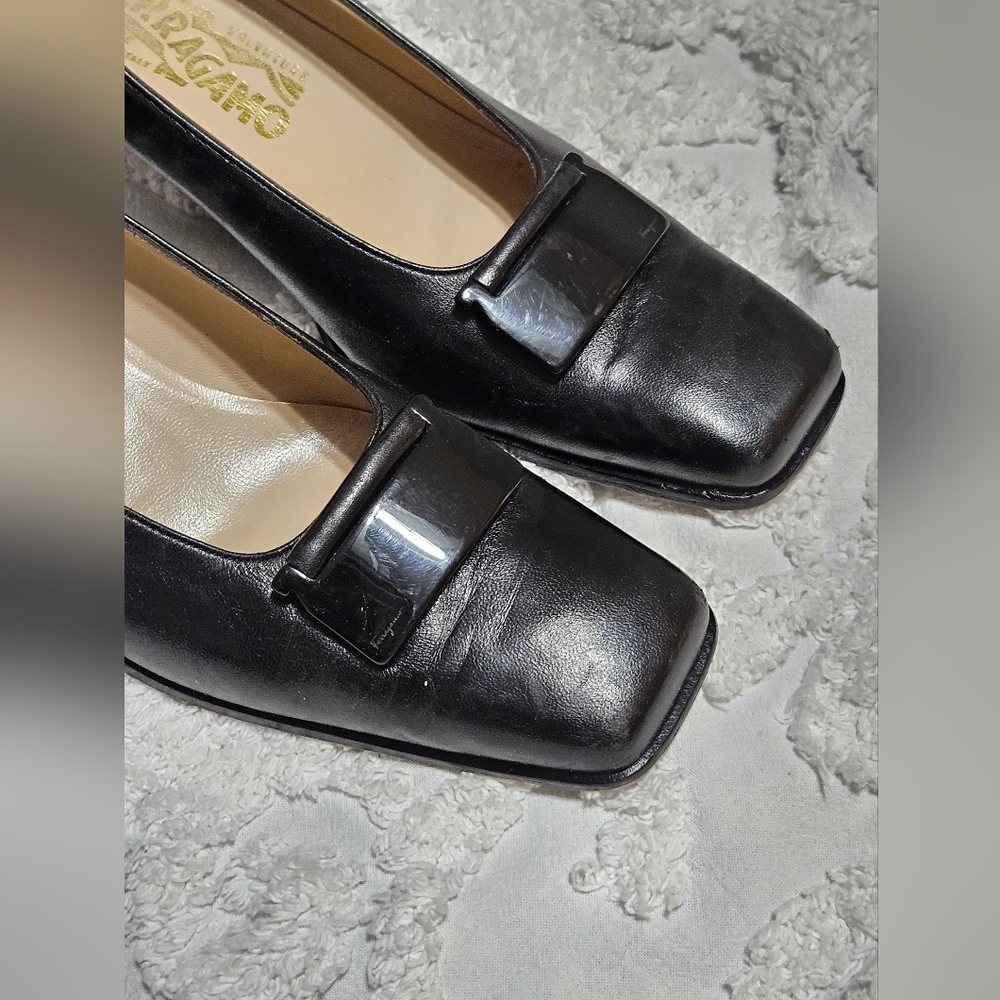 Vintage Salvatore Ferragamo Black Leather Square Toe Heels Pumps Size 9A - Picture 5 of 11